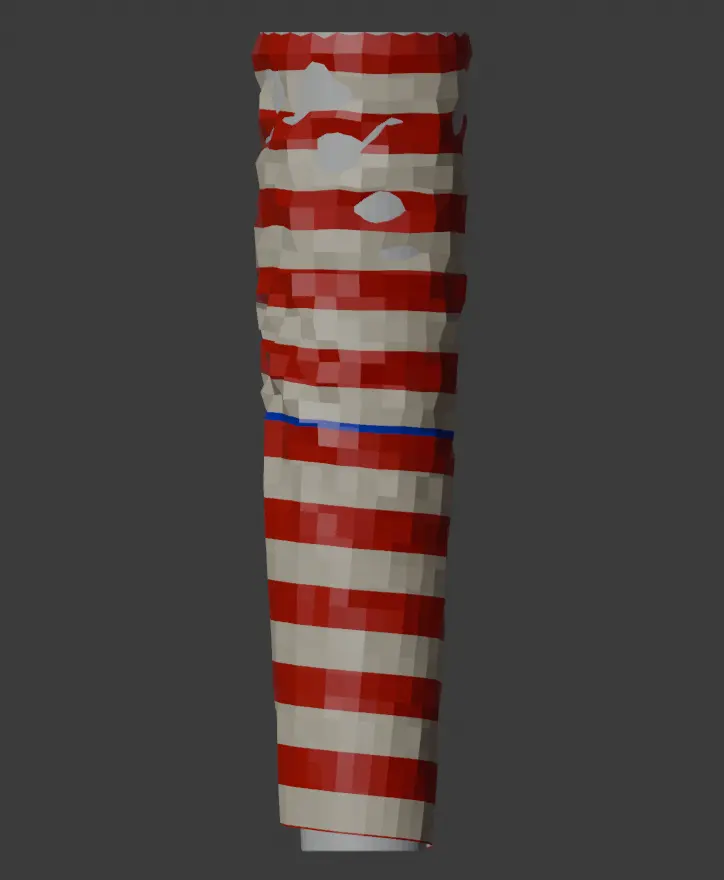 The same panel wrapped round an arm in simulation, the stripes bending with the cloth; the arm shows through in places