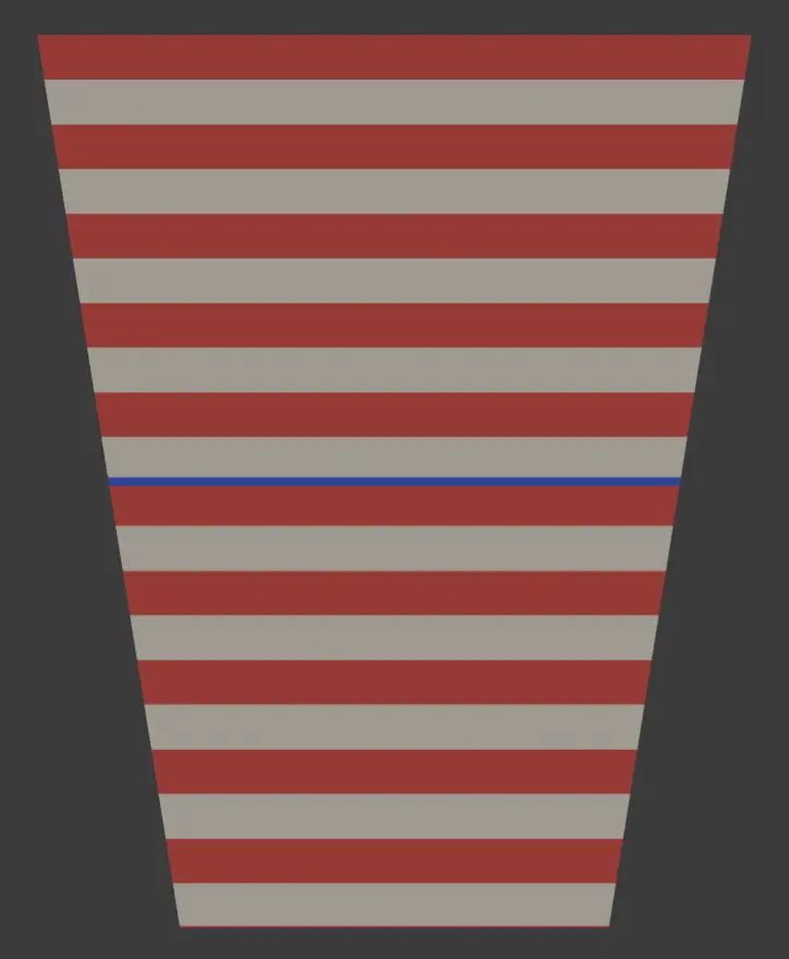 A striped sleeve panel laid flat, red and grey stripes, one blue line across the middle